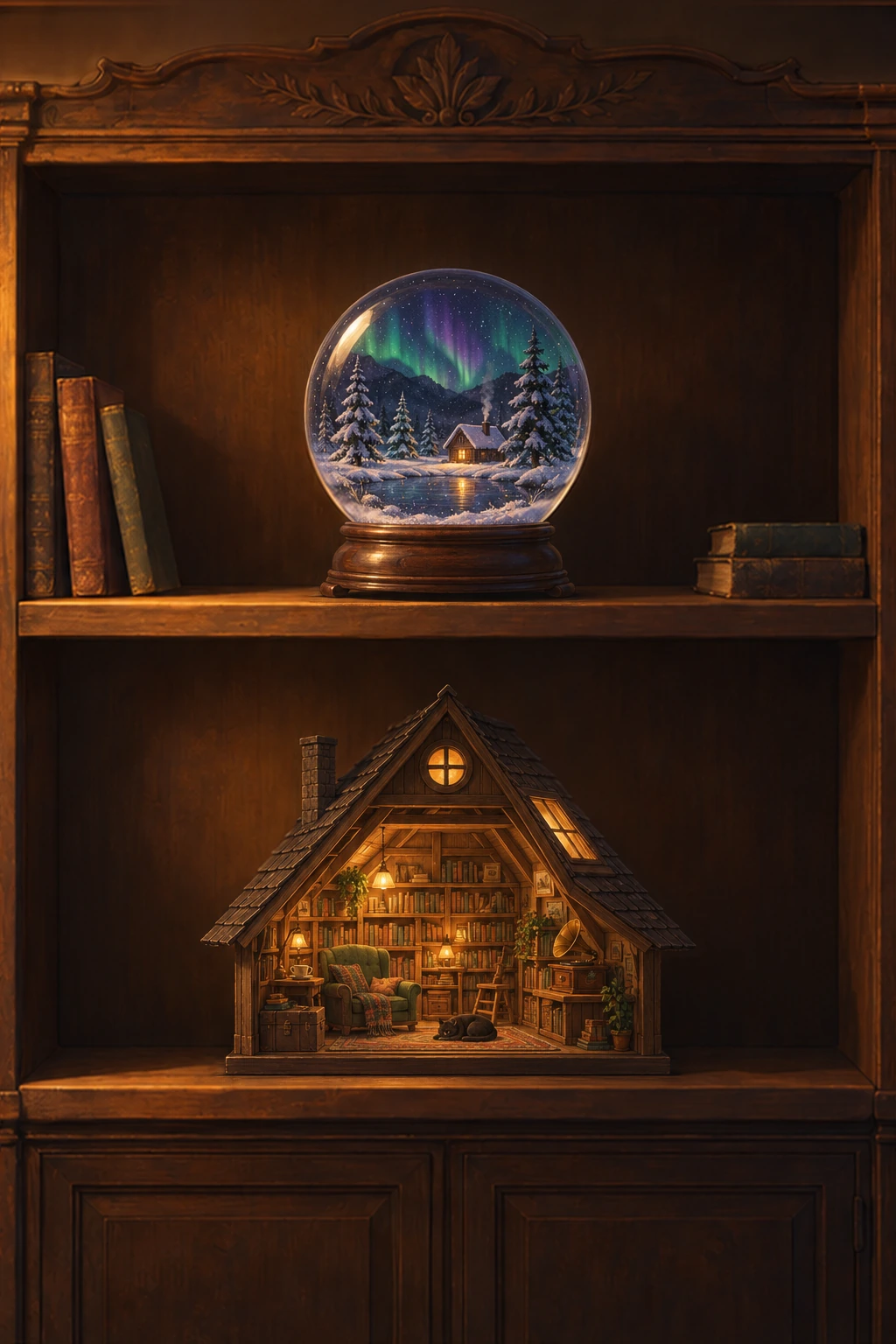 A tall wooden bookcase at night in warm lamplight. On the upper shelf stands a glass snow globe with a tiny cabin under the northern lights; on the lower shelf, a small wooden dollhouse attic full of books, its round window lit.